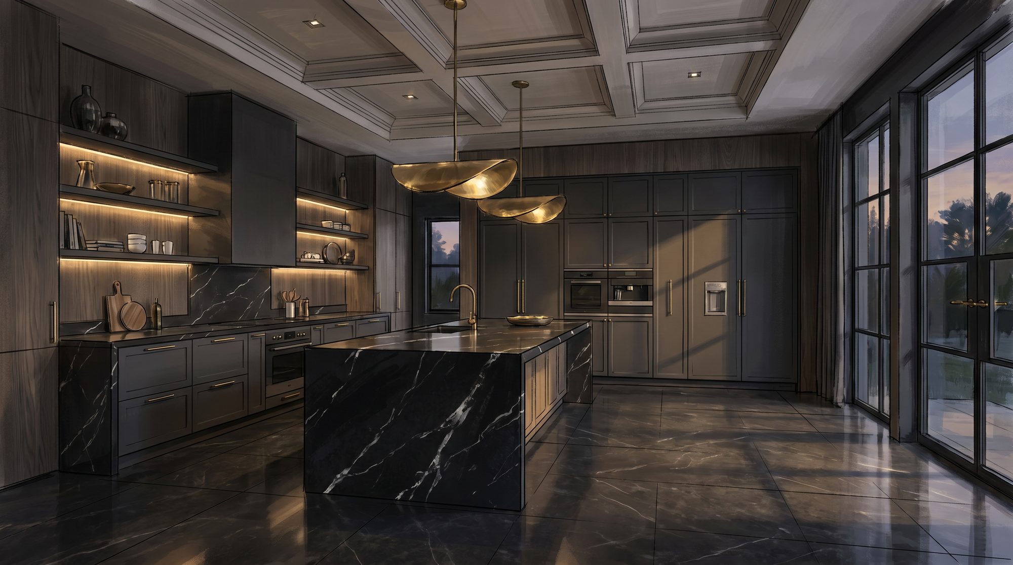 Bespoke kitchen by Aurewood Designs — dark marble waterfall island with brass pendant lighting and timber cabinetry